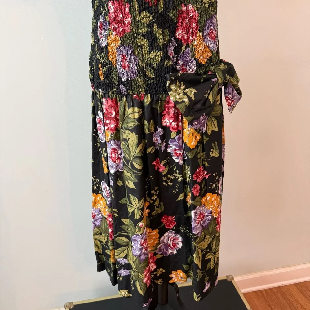 🌸🌼Phoebe Petite Black Floral Smocked Dress Drop Waist Bow Puff Sleeve Romantic - Picture 5 of 14